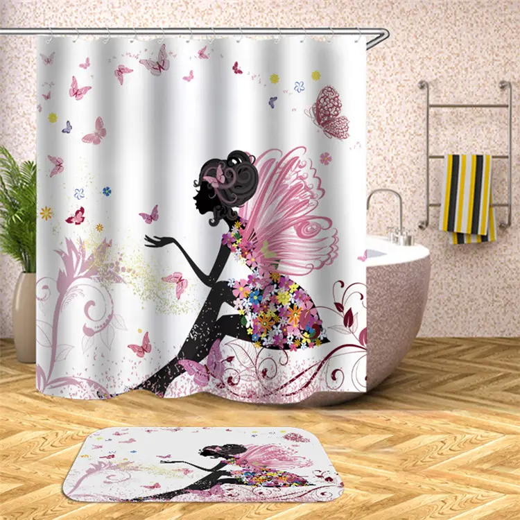 Phòng Tắm Polyester Pink Flower Fairy Girl Với Bướm Rèm Tắm Không Thấm Nước