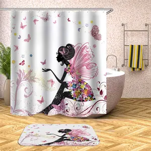浴室聚酯粉红色花仙女蝴蝶防水浴帘套装