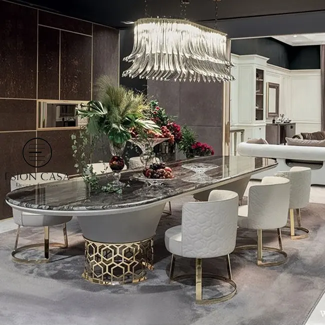 Karinésion — set de table à manger en acier inoxydable, couleur or, avec chaises, 8 places, design moderne, de luxe, en marbre ovale