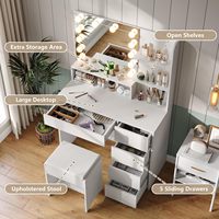 Modes d'éclairage réglables Bureau de coiffeuse à panneaux en bois avec 5 tiroirs Miroir LED Design moderne pour la préparation du maquillage dans la chambre à coucher