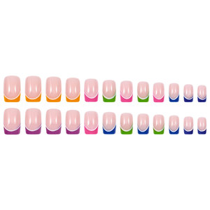 Uñas Postizas Cortas Cuadradas, Base Transparente Color Piel, Multicolor Arcoíris, Punta Francesa, Diseño de Flores, Corazones y Croc-Hearts - Product Image 5