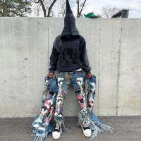 DIZNEW Jeans en denim skinny personnalisés pour hommes, style streetwear, effet déchiré, imprimé appliqué bleu, pantalon pour hommes