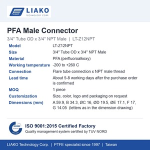 Conector macho PFA Flare para tubo de 3/4" OD x 3/4" NPT, accesorio de tubo macho Flare LT-Z12NPT, resistente a químicos de alta pureza - Product Image 6