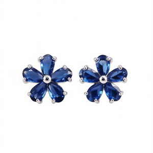Orecchini a perno a forma di fiore con gemma blu placcati in argento per donna, gioielli alla moda da festa, orecchini in lega con montatura a griffe - Product Image 1