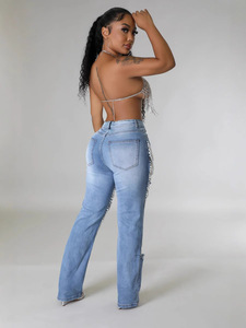 Jeans Elásticos con Detalles Desgastados para Mujer, <span class=keywords><strong>Cintura</strong></span> <span class=keywords><strong>Alta</strong></span>, Corte Recto y Relajado, con Parches y Cuentas - Product Image 5