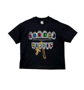 T-shirt Boxy Oversize per Bambini con Stampa Grafica a Catena a Croce Custom Grillz, Stile Y2K Streetwear, Manica Corta, 100% Cotone Jersey, Logo Stampato Frontale - Product Image 1