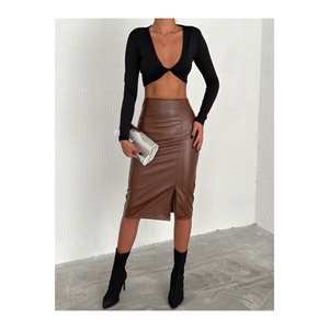 Jupe crayon en similicuir pour femme, taille élastique, fente haute 62 cm - Product Image 2