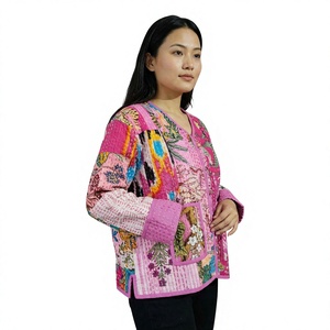 Veste matelassée rose patchwork pour femme, col en V, manches longues, vêtement d'extérieur d'automne, manteau imprimé en polyester tissé avec poche, cadeau pour elle - Product Image 1