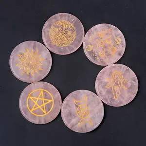 달과 별의 자연 석영 원형 디스크 조각 기호 치유를위한 장미 석영 디스크