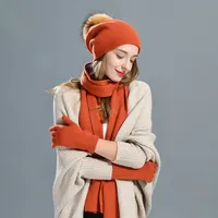Vente en gros, mitaines d'hiver, bonnet et écharpes, ensemble de 3 pièces, doux, chaud, épais, personnalisé, laine, cachemire, écharpe, bonnet et gants