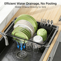 Égouttoir à vaisselle extensible en acier inoxydable KBleader pour évier, rangement et organisation de cuisine, noir et argent, multifonctionnel