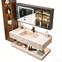 Ensemble de meuble-lavabo de salle de bain moderne de luxe en pierre frittée rose, résistant à l'eau, avec comptoir flottant pour villa et appartement