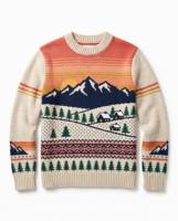 Pull jacquard personnalisé pour homme à col rond, motif cabane de montagne et coucher de soleil, tricot d'hiver, vente en gros OEM