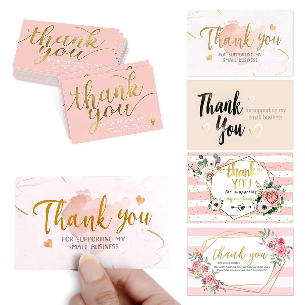 Hot sale pink floral gold foil thank you greeting paper card for your order small business flower shop birthday baking wedding