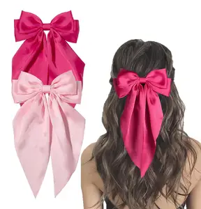 Fashion Hair Accessories Women Ribbon Bow-knot Big Size Colorful Satin Hair Bows With Metal Hair Clip