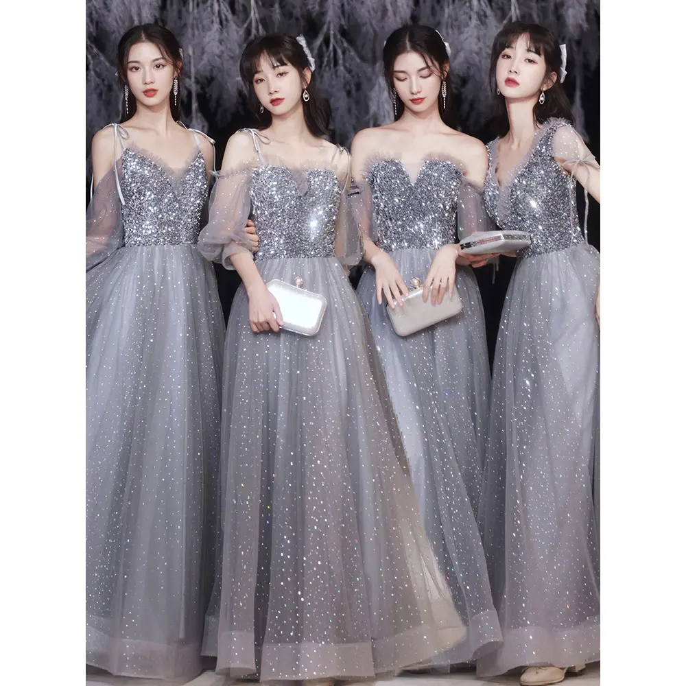 Glitter Grey Sequins Bridesmaid Dresses Elegant Lace-Up Tulle Prom Party Gowns Women Princess Evening Dress
