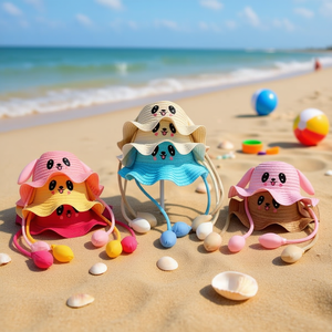 Cappello di paglia con viso sorridente a forma di cartone animato per bambini, con airbag e bordo ondulato, regolabile per la protezione solare estiva dei bambini - Product Image 3