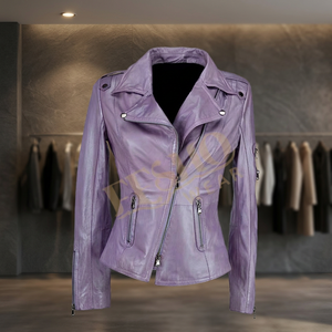 Ladies Vintage Real <b>Cow</b> Skin Washed Waxed Leather Denim Bomber Jacket <b>Purple</b> Quilted Breathable Waterproof Eco-Friendly - Product Image 3