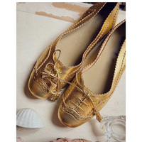 ANSU As2532 Chaussures plates pour femme en cuir véritable doré, personnalisées, à bout sculpté, à découpe basse, à bride en T, avec nœud, semelle intermédiaire en toile légère