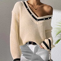 Pull à col en V à manches longues pour femmes, style universitaire européen et américain, hiver, préppy, avec perles, couture contrastée, décontracté