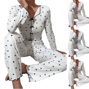 Conjunto de pijama elegante de verano para mujer, ropa de dormir sexy con encaje y cuello en V, estampado animal, mangas largas y pantalones, ropa de dormir con cintura elástica - Product Image 1