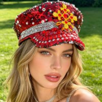 Chapeau de capitaine en peluche personnalisé rouge et or avec sequins et strass rubis, 3 MOQ, pour festival, plage, fête, unisexe, luxe, style Burning Man, vente en gros