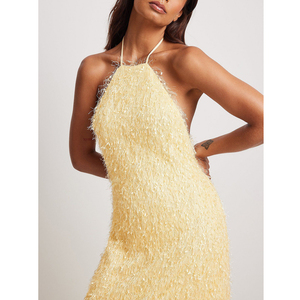 Fuzzy Furry Textured Knitted Ball Gown Simple Elegant Slim Fit Halter <strong>Maxi</strong> <strong>Dress</strong> - Product Image 6