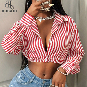 Camicia <span class=keywords><strong>Vintage</strong></span> Y2K a Righe con Patchwork per Donna, Top Corto con Colletto e Maniche Lunghe - Product Image 1