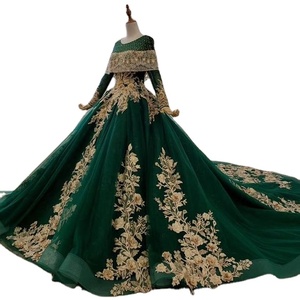 ชุดราตรีสีเขียวเข้มชุดงานพรอมแขนยาวผ้าปะติดลายดอกสีทองชุดงานพรอมซาอุดิอาระเบีย - Product Image 1