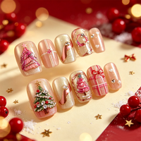 Faux ongles de Noël de luxe réutilisables, courts, carrés, à couvrance totale, style press-on, faits main, effet œil de chat, avec motif arbre de Noël doré dessiné à la main en 3D