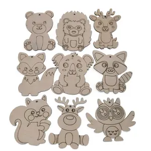 Hand-Painted Cartoon Animals Decorative Wood Chips Includes Elephants Squirrels Bears On Polished Plywood Technique