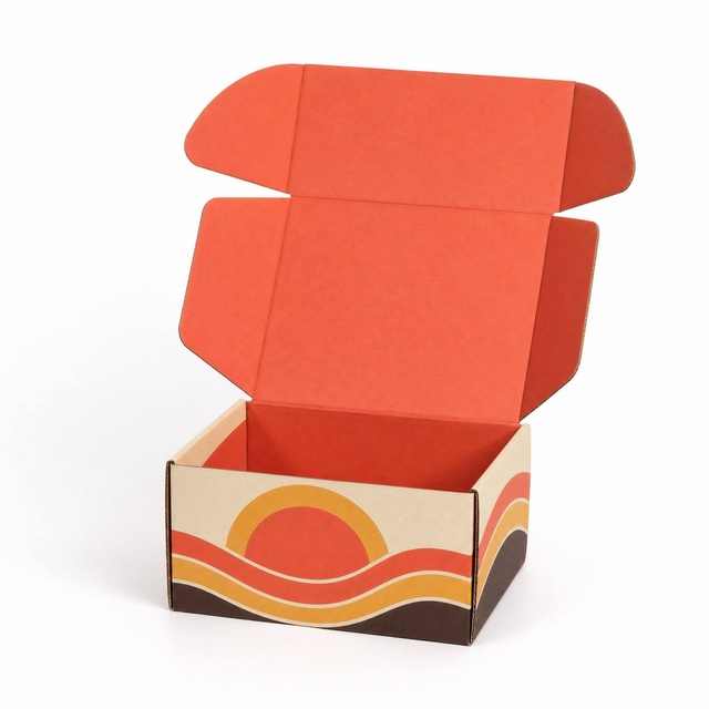Custom Logo Retro Sunset Wave Corrugated Mailer Box Full Color Inside Print Vintage Gift Shipping Packaging Box