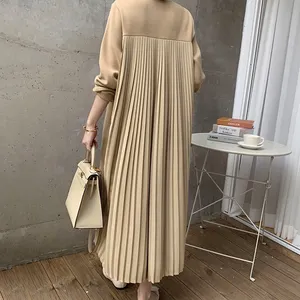 Wholesale 2021 Autumn New French Style Elegant Round Neck Stitching Design Back Pleated Plus Velvet Fashion Sweater Dress