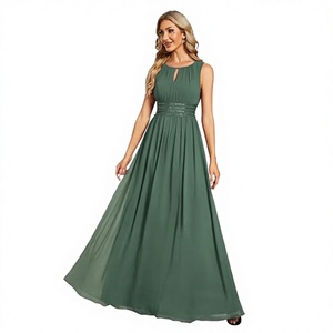Elegante Vestido de Noche Largo de Gasa sin Mangas con Corte en A, Cintura Imperio Fruncida y Color Verde Sólido - Product Image 3