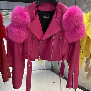 Giacca di pelle 2025 autunno giacca in vera pelle di montone con pelliccia di volpe per donna giacca di pelle gialla - Product Image 5