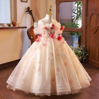 Gaun Pesta Mewah Model Off-the-Shoulder untuk Anak Perempuan dengan Kelopak Bunga 3D, Gaun Pengiring Pengantin untuk Kontes, Ulang Tahun, dan Pertunjukan Piano
