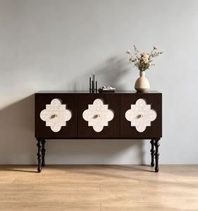 Premium Quatrefoil Inlay Wooden <b>Sideboard</b> 3-Door Large <b>Storage</b> Turned Leg Vintage Credenza For Living Room Dining Room - Product Image 1
