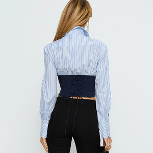 Women Striped <b>Patchwork</b> Button Down <b>Shirt</b> Long Sleeve Contrast Color Slim Fit Everyday Wear - Product Image 4