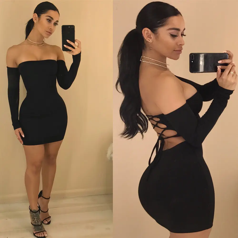 Hot Sale Women's Sexy Off Shoulder Backless Lace Up Club Bodycon Mini ladies dress women