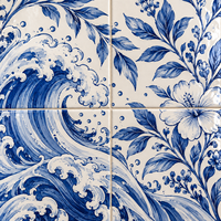 Mosaïque murale en céramique bleue et blanche peinte à la main, motif vague de mer, taille personnalisée pour la décoration murale de la salle de bain et de la cuisine