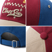 Gorra de streetwear con bloque de color azul burdeos, bordado de clase seis, diseño a cuadros de carreras, seis paneles y visera curva