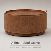 Pouf rond en chenille caramel, table basse rembourrée avec plateau en bois et base en bois, siège pour salon