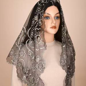 फ्रेंच फीता एपिक एज ब्राइडल घूंघट शादी चर्च कैथेड्रल कढ़ाई सिर स्कार्फ मैटिल्ला हिजाब - Product Image 2