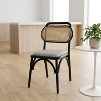 Chaise de salle à manger en rotin courbé, structure en bois massif avec dossier en rotin naturel, assise en tissu rembourré, chaise d'appoint sans accoudoirs