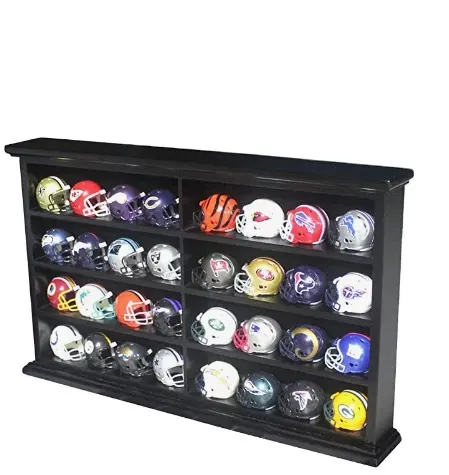 football helmet cabinet Pocket Pro Mini Display Case Walnut 2 Space Between Shelves Football Helmet Storage Cart -