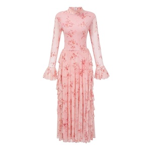 Abito Lungo da Cerimonia Primavera 2026, Design alla Moda, Stampa Floreale <span class=keywords><strong>Vintage</strong></span>, Sexy con Laccetti Posteriori, Maniche a Campana, Rosa e Grigio - Product Image 1