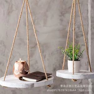 Hanging Plant Stand Round Wooden Rope <b>Floating</b> Frame Single Layer Solid Wood Distressed <b>Wall</b> Mounted Display <b>Shelves</b> - Product Image 2
