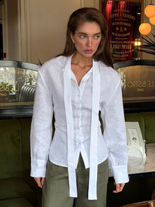 Camisas de Manga Larga con Cuello de Lazo y Botones para Mujer, Estilo Personalizado o con Logotipo ODM, Corte Entallado, Espalda con Cordones, Blusa Elegante para Oficina - Product Image 4