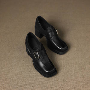 Simple Square-Toed Waterproof Genuine Leather Single <b>Shoe</b> Buckle Fashionable Retro Solid Color <b>Soft</b>-<b>Soled</b> Deep-Cut Design <b>Shoe</b> - Product Image 1