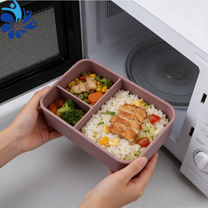 กล่องอาหารกลางวันซิลิโคนสีทึบทรงสี่เหลี่ยมสามช่องปิดสนิทใช้กับไมโครเวฟได้สำหรับพนักงานออฟฟิศ - Product Image 2